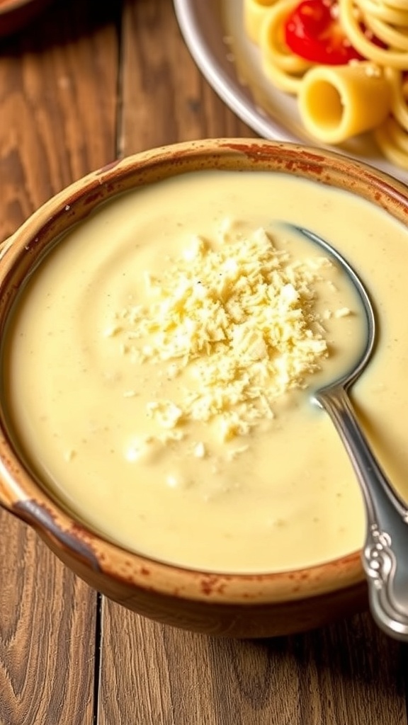 Creamy Parmesan sauce in a bowl with grated cheese, served with pasta on a wooden table.